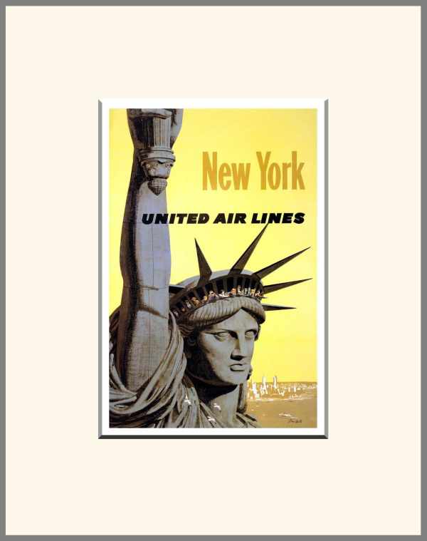 United Airlines, New York - légitársaság hirdetés plakát, szabadság szobor Stan Galli   Építészet, városkép, Utazás