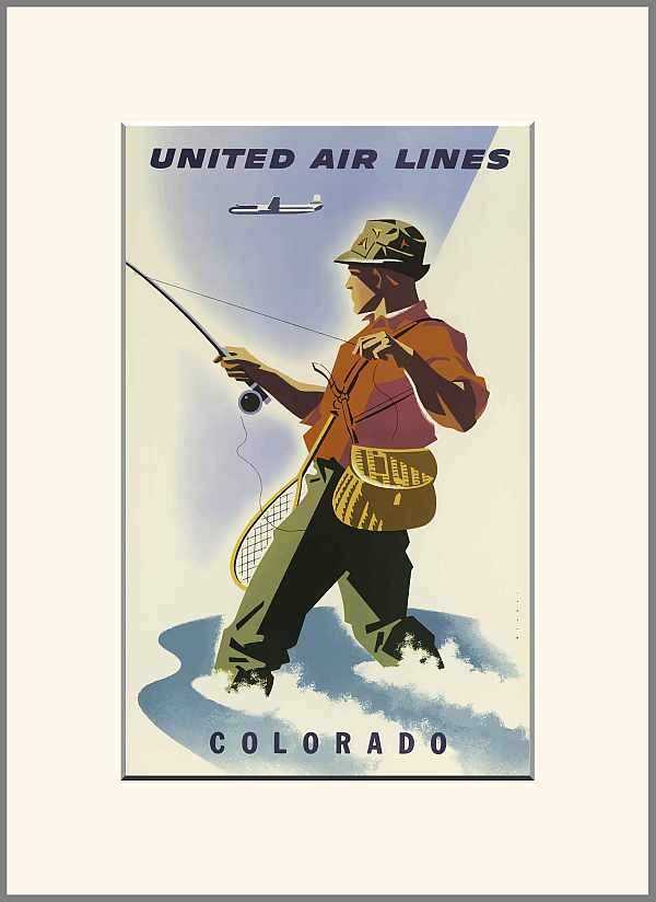 United Airlines, Colorado - légitársaság reklám plakát, horgászat Joseph Binder   Férfi alak, Utazás