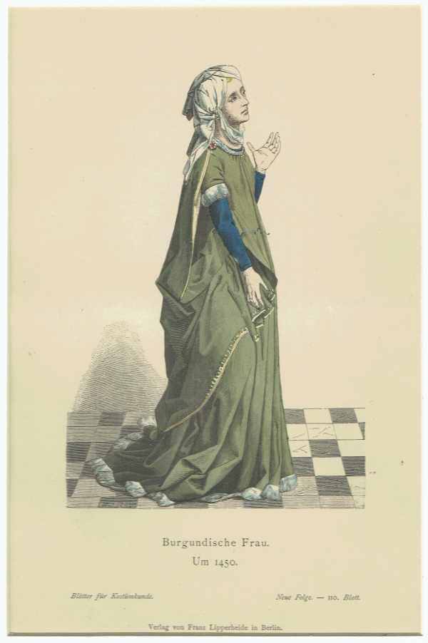 Régi viseletek – Burgundiai asszony 1450   kézzel színezett fametszet Divat, ruházat, textil