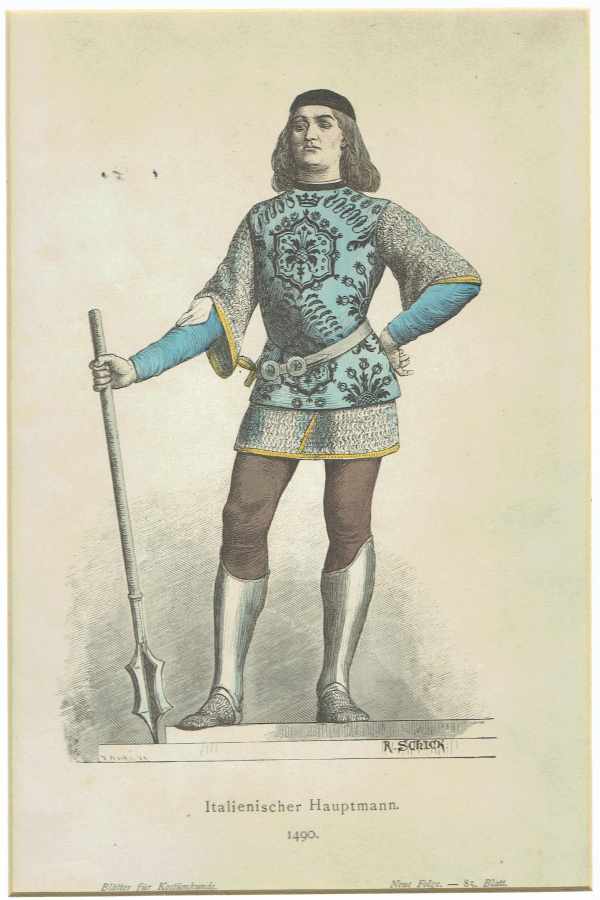 Régi viseletek – Itáliai kapitány 1490   kézzel színezett fametszet Divat, ruházat, textil