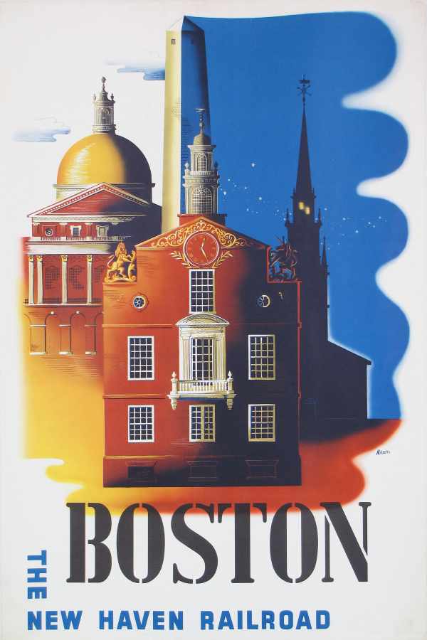 Boston - New Haven Railroad - vasúttársaság reklám plakát, ikonikus épületek Ben Nason   Építészet, városkép, Utazás