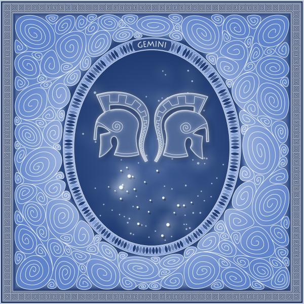 Horoszkóp-csillagjegyek - Ikrek   Kortárs grafika a Zodiákus csillagjegyeivel és a horoszkóphoz tartozó elem (víz, tűz, föld, levegő) ornamentikájával Asztrológia, csillagjegyek, horoszkóp