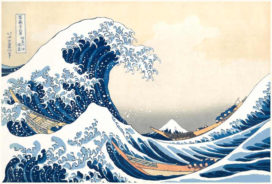 Japán fametszet - A Nagy Hullám Kacusika Hokuszai  A kép megadott mérete a temékoldalon látható kép nyomtatott méretét, a teljes méret a papír méretét jelzi. Tájkép, Távol-Kelet