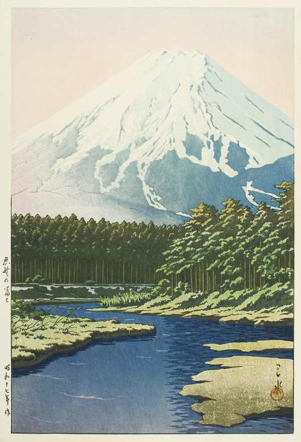 Japán fametszet - Fudzsi látkép patakparti fenyőerdőkkel Kavasze Haszui  A kép megadott mérete a temékoldalon látható kép nyomtatott méretét, a teljes méret a papír méretét jelzi. Tájkép, Távol-Kelet