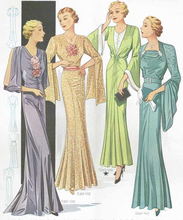 Divatképek 1930-40 – 89.   Art deco női divat a századelőről elegáns hölgyeknek. Divat, ruházat, textil
