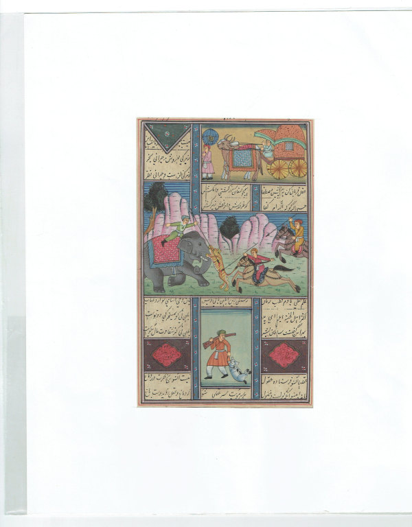 Antik perzsa miniatűr gouache - vadászjelenet tigrissel és elefánttal   Eredeti, kézzel festett perzsa gouache miniatűr a 20. század elejéről Jelenet, Közel-Kelet, Zoológia-Állatok