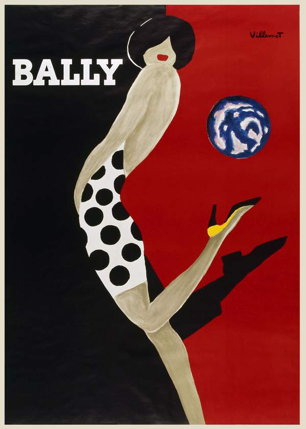 Retro divat reklám plakát - Bally cipő, hölgy pöttyös ruhában    Divat, ruházat, textil, Női alak