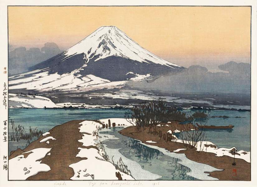Japán fametszet - Havas téli tájkép, tópart, háttérben a Fudzsi Hiroshi Yoshida   Tájkép, Távol-Kelet