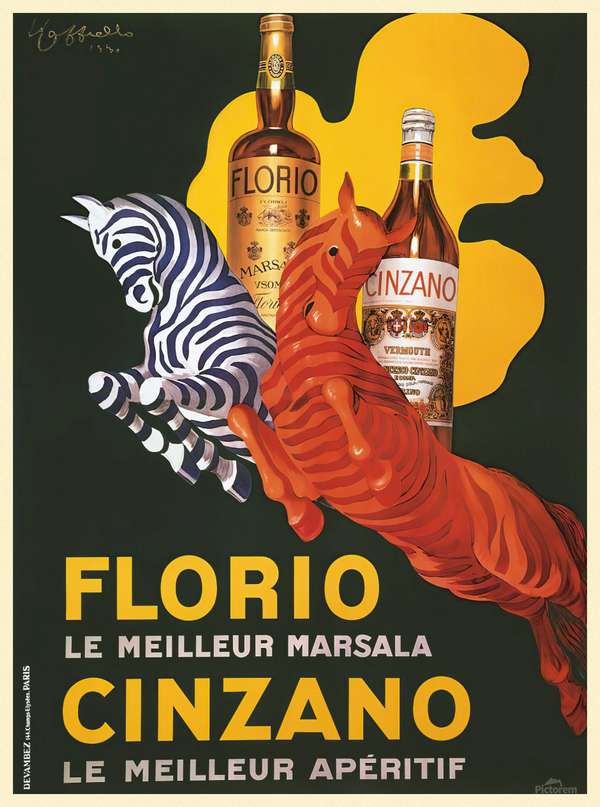Vintage Cinzano plakát - két zebra Leonetto Cappiello  Vintage reklám plakát reprint nyomata Szeszesitalok, Zoológia-Állatok
