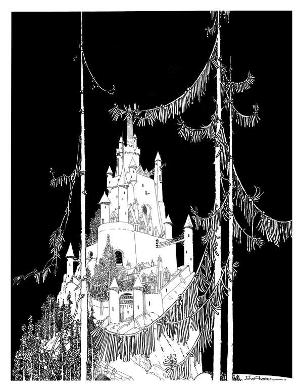 Szecessziós illusztráció Shakespeare Hamletjéhez, 1922 - A helsingori várkastély John Archibald Austen  Fekete-fehér tus tollrajz reprint nyomata Építészet, városkép, Film, színház, zene, Szecesszió, Tájkép