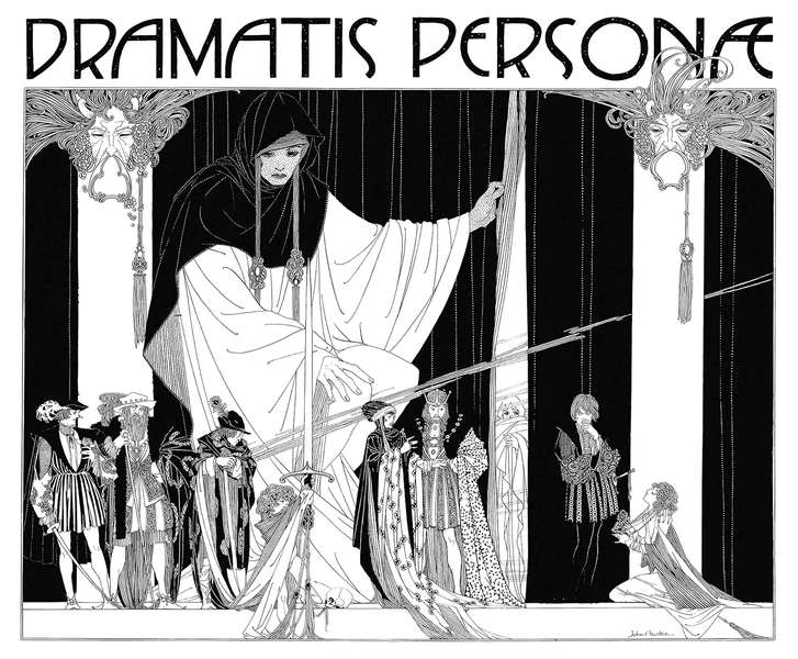 Szecessziós illusztráció Shakespeare Hamletjéhez, 1922 - Dramatis personae, szereplők John Archibald Austen  Fekete-fehér tus tollrajz reprint nyomata Férfi alak, Film, színház, zene, Jelenet, Női alak, Szecesszió