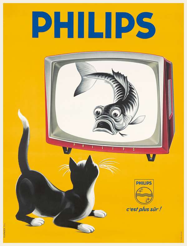 Retro televízió reklám plakát - fekete macska, hal   Régi reklám plakát reprint nyomata Gyerekeknek, Háztartás, Zoológia-Állatok
