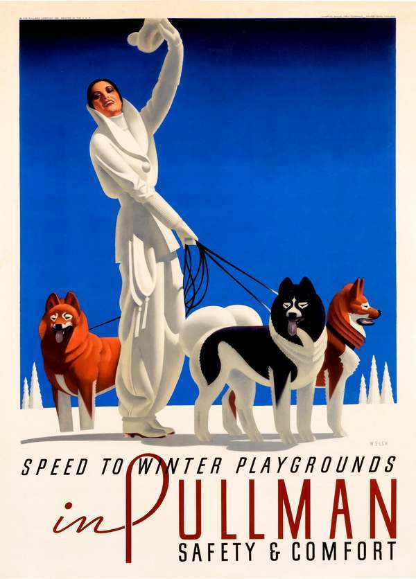 Art deco plakát - téli utazás, kutyák, szán   Régi reklám plakát reprint nyomata Art deco, Női alak, Sport, horgászat, Utazás, Zoológia-Állatok