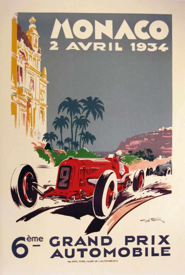 Monaco Grand Prix 1934 - autóverseny plakát Geo Ham  Közlekedés, automobil, kerékpár