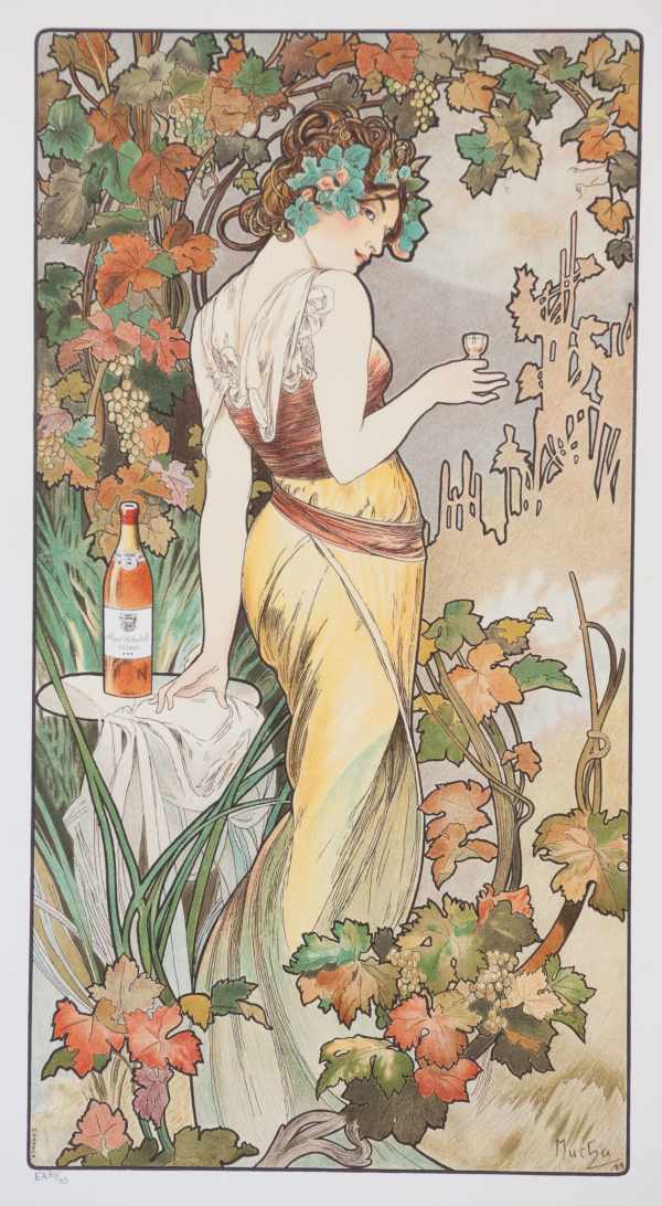 Cognac Biscuit - konyak reklám platkát Alfons Mucha  Női alak, Szecesszió, Szeszesitalok