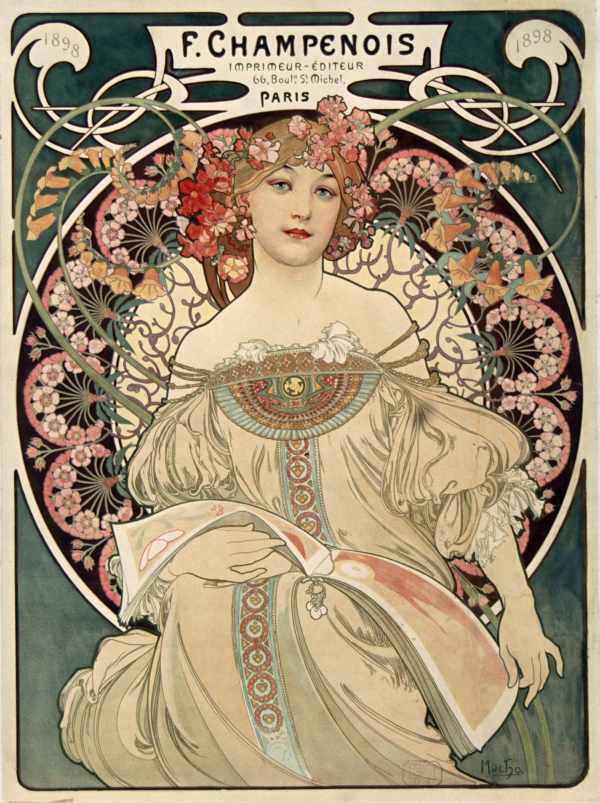 F. Champenois Imprimeur-Éditeur - kiadó és nyomda reklám plakát Alfons Mucha Női alak, Szecesszió F. Champenois Imprimeur-Éditeur - kiadó és nyomda reklám plakát Alfons Mucha Női alak, Szecesszió