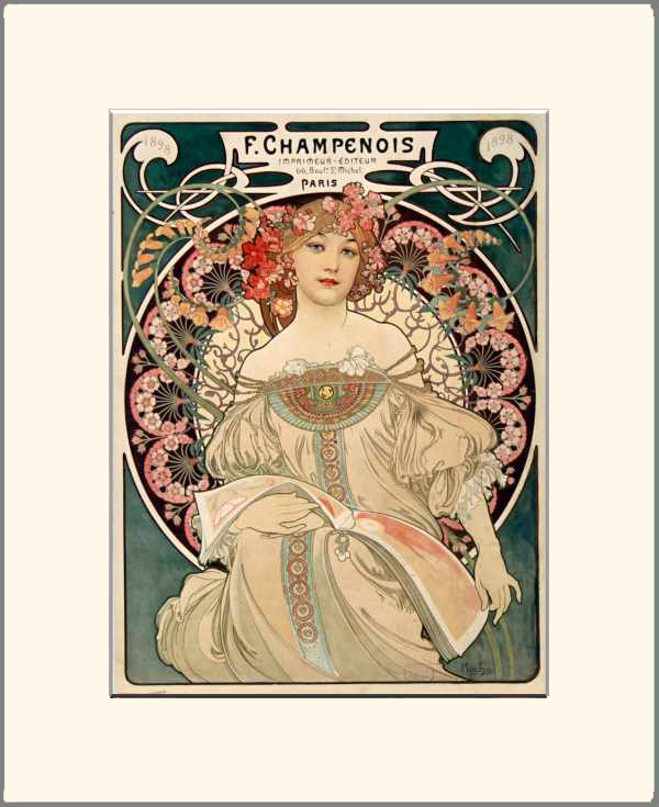 F. Champenois Imprimeur-Éditeur - kiadó és nyomda reklám plakát Alfons Mucha Női alak, Szecesszió F. Champenois Imprimeur-Éditeur - kiadó és nyomda reklám plakát Alfons Mucha Női alak, Szecesszió