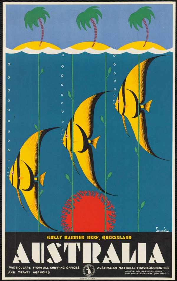 Ausztrália, Nagy Korallzátony - utazási hirdetés plakát, tenger, halak, pálmafák Gert Sellheim  Utazás, Zoológia-Állatok