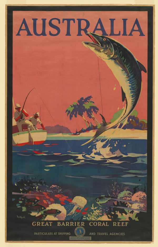 Vintage horgász plakát - Ausztrália, Nagy Korallzátony, ugró hal, csónak   Sport, horgászat, Utazás, Zoológia-Állatok