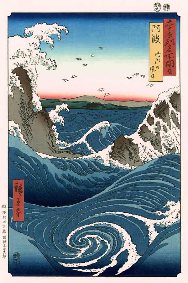 Japán fametszet, ukiyo-e - tenger, hullámok, örvény, tengerpart, madarak Utagawa Hiroshige Tájkép, Távol-Kelet Japán fametszet, ukiyo-e - tenger, hullámok, örvény, tengerpart, madarak Utagawa Hiroshige Tájkép, Távol-Kelet