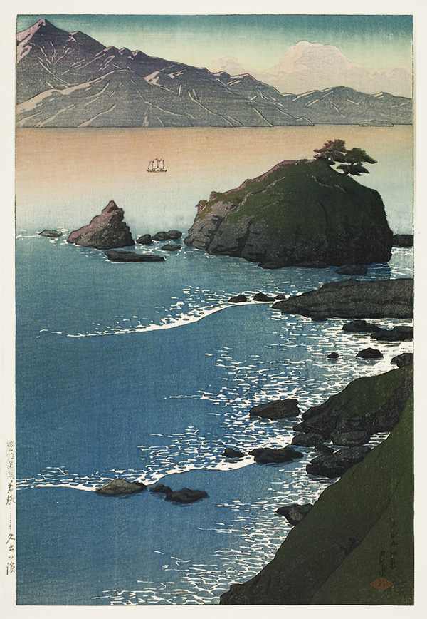 Japán fametszet - tengerparti tájkép partra futó hullámokkal, sziklákkal, vitorlás hajóval Kavasze Haszui  Tájkép, Távol-Kelet