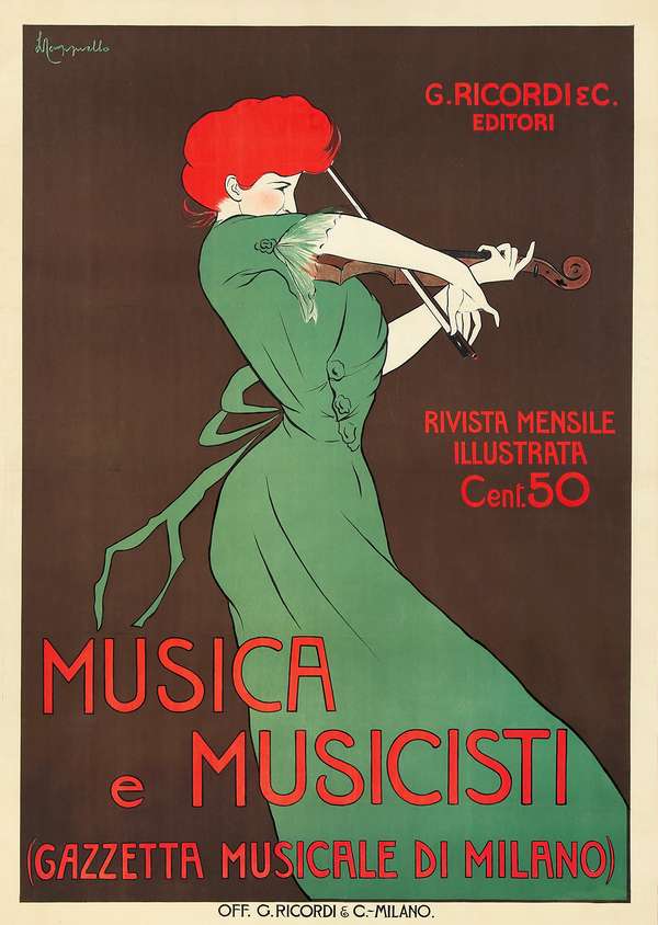 Szecessziós olasz zenei magazin plakát - hegedűs, Milánó Leonetto Cappiello Film, színház, zene, Női alak, Szecesszió Szecessziós olasz zenei magazin plakát - hegedűs, Milánó Leonetto Cappiello Film, színház, zene, Női alak, Szecesszió