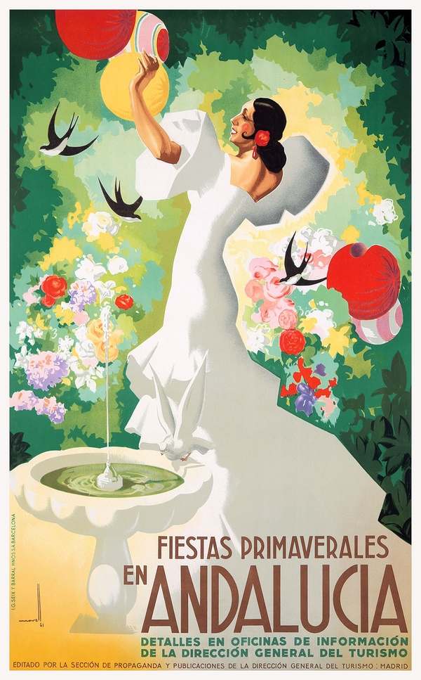 Retro utazási plakát - Spanyolország, flamenco táncosnő   Női alak, Utazás