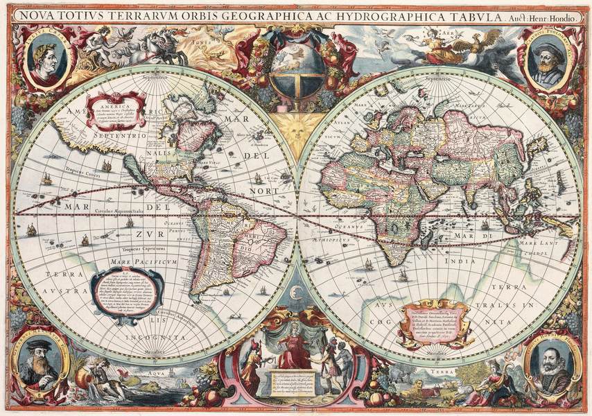 Antik világtérkép, hemiszférák - Nova totius Terrarum Orbis geographica hydrographica tabula REPRINT Henrik Hondius  Közlekedés, automobil, kerékpár, Utazás