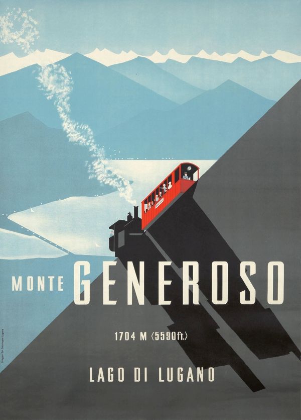 Monte Generoso, Lugano – Vintage art deco oinimalista olasz reklám plakátm Anonymus  Art deco, Közlekedés, hajózás, automobil, kerékpár, Tájkép