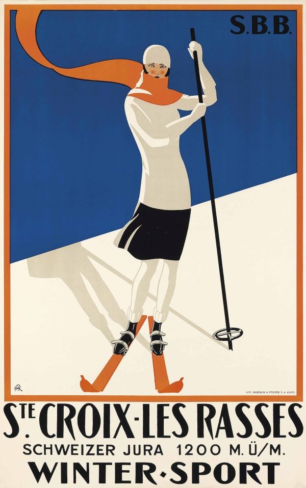 Ste. Croix les Rasses – Schweizer Jura – Síelés, téli sport, vintage francia art deco utazási reklám plakát H. R.  Art deco, Közlekedés, hajózás, automobil, kerékpár, Női alak