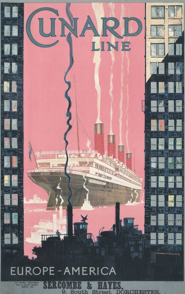 Cunard Line Europe-America – Aquitania, New York– Vintage hajózási, utazási reklám plakát Kenneth Denton Shoesmith  Art deco, Építészet, városkép, Közlekedés, hajózás, automobil, kerékpár, Utazás, turisztika