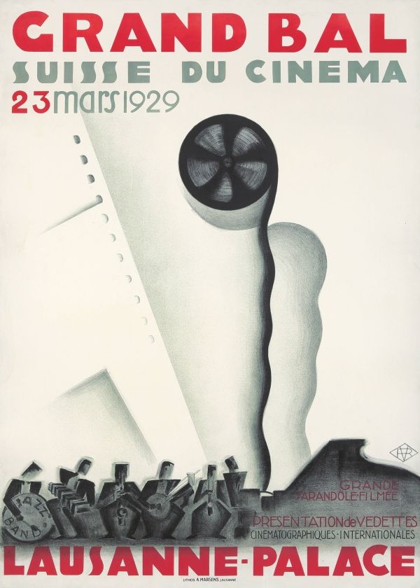 Grand Bal Suisse du Cinema 1929 – Lausanne-Palace – Vintage Bauhaus mozi fesztivál, filmes reklám plakát V. Rosset  Art deco, Film, színház, zene, Kiállítás, rendezvény