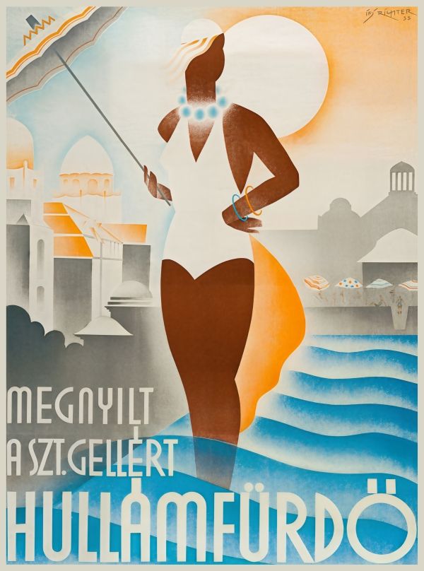 Szt. Gellért Hullámfürdő – Art deco strand reklám plakát ifj. Richter Aladár  Art deco, Női alak, Sport, síelés, horgászat