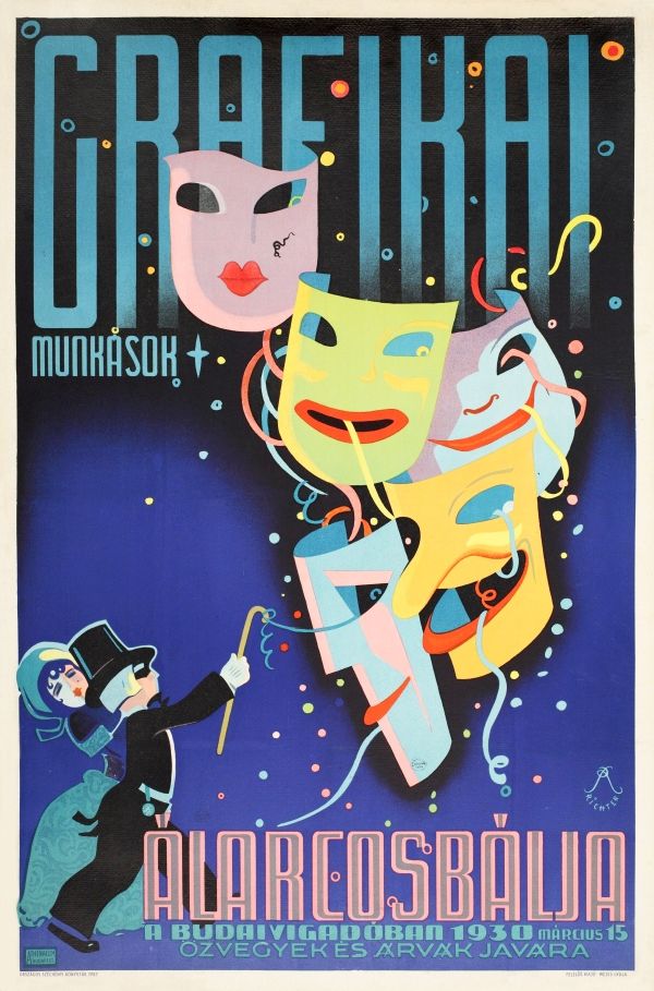 Grafikai munkások álarcosbálja a Budai Vigadóban 1930 – Vintage reklám plakát ifj. Richter Aladár  Jelenet, Kiállítás, rendezvény