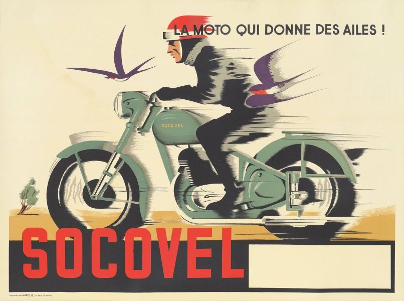 Socovel – Vintage retro motorbicikli, motorkerékpár reklám plakát Anonymus  Férfi alak, Közlekedés, hajózás, automobil, kerékpár